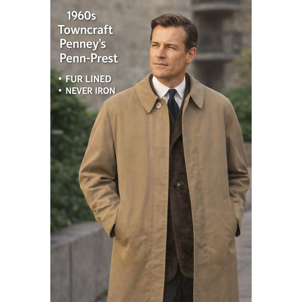 1960s Towncraft Penney’s Trench Coat Tan Men’s 44 Long Faux Fur Lined